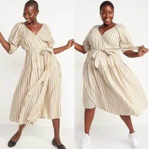 NWOT Old Navy Plus Tan Striped Waist Defining Tie Belt Midi Wrap Dress Size 4X